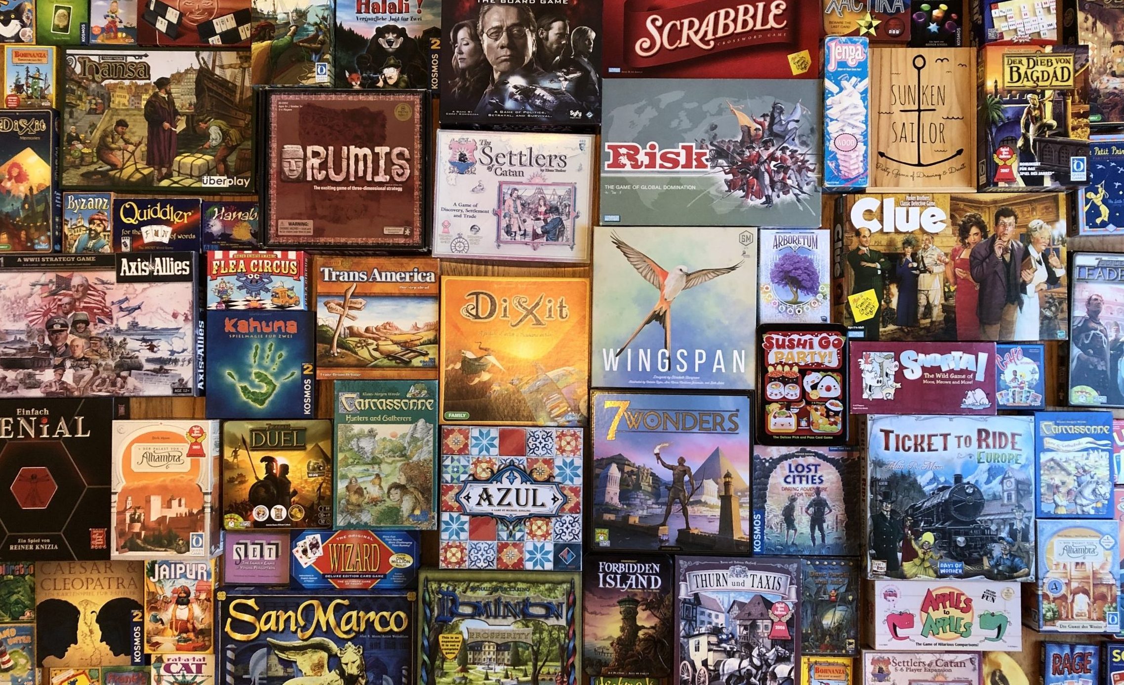 Mosaic of board games, including Azul, Wingspan, Jaipur, Ticket to Ride, 7 Wonders, Alhambra, Dixit, Carcassone, Lost Cities and Bohnanza